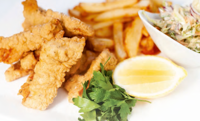 Battered Barramundi, Chips and Tartare Slaw